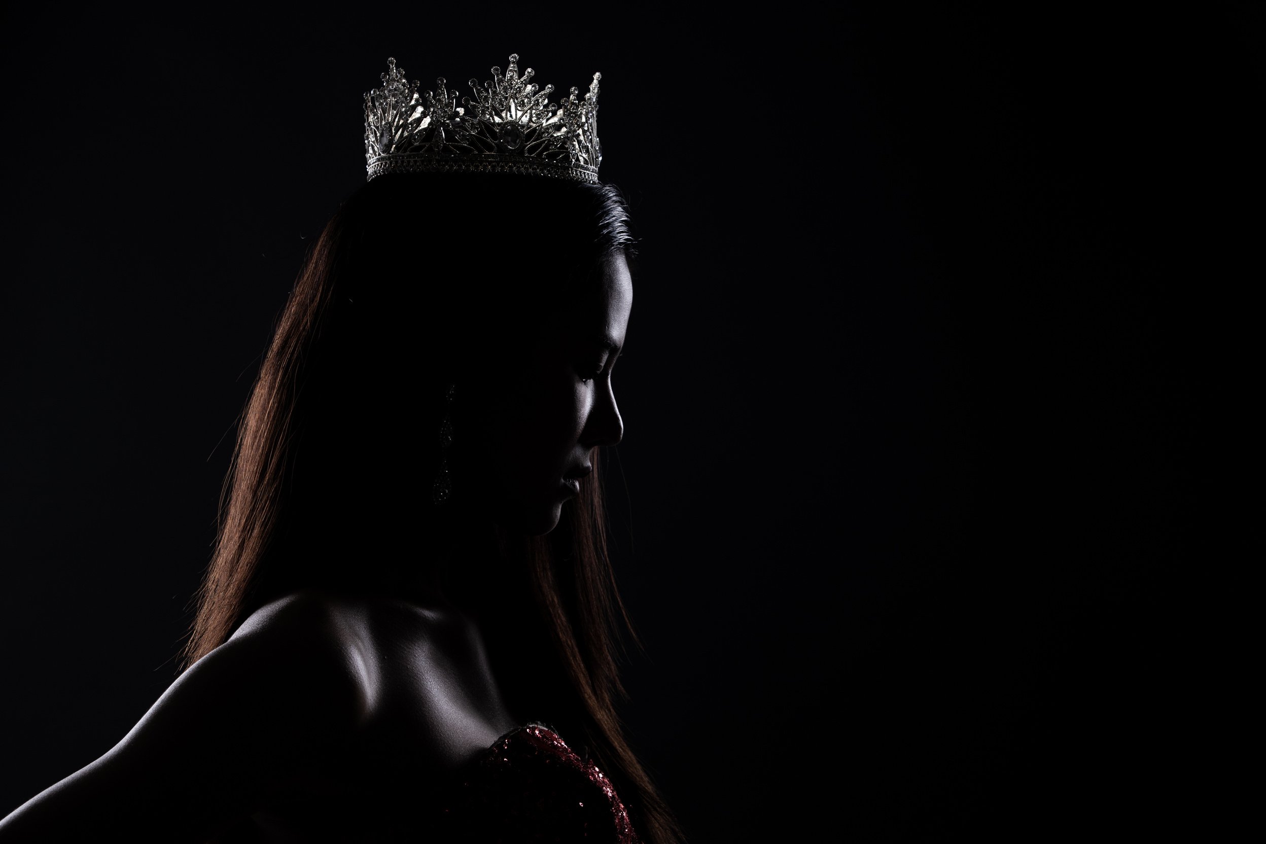 Portrait of Miss Pageant Beauty Contest in sequin Evening Ball G